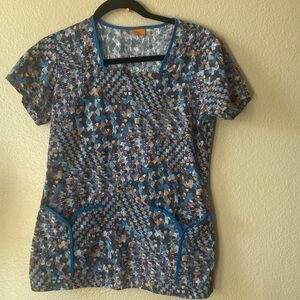 Blue and Brown Geometric Short Sleeve Scrub Top